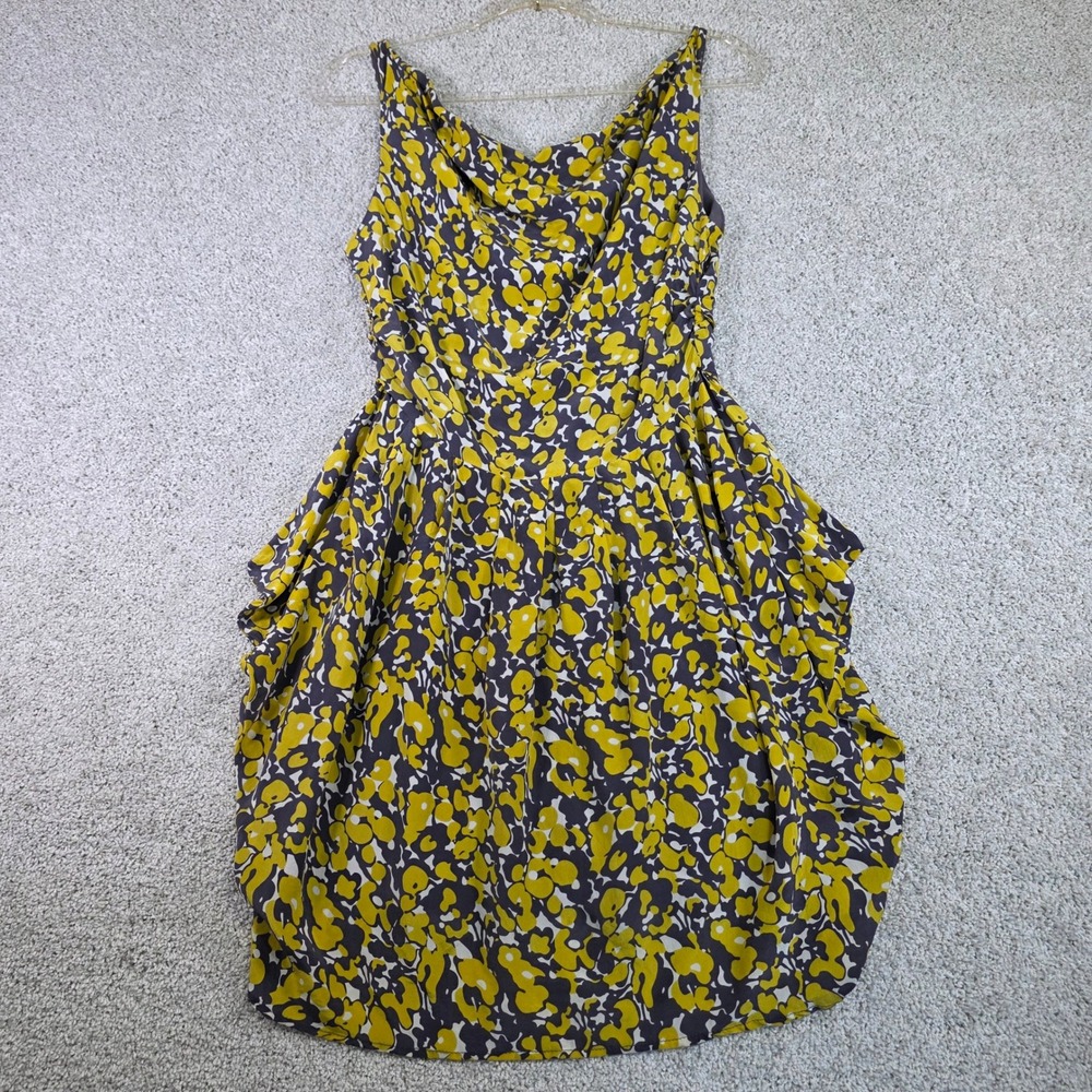 MM Couture by Miss Me 100% Silk Abstract Floral Cocktail Dress Med Grey Yellow